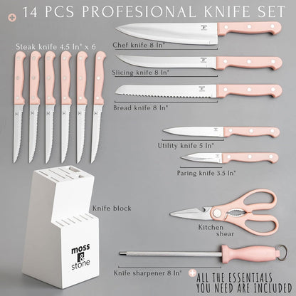 Pink 14 Pcs Kitchen Knife Set with Block, Stainless Steel