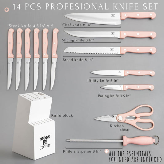 Pink 14 Pcs Kitchen Knife Set with Block, Stainless Steel