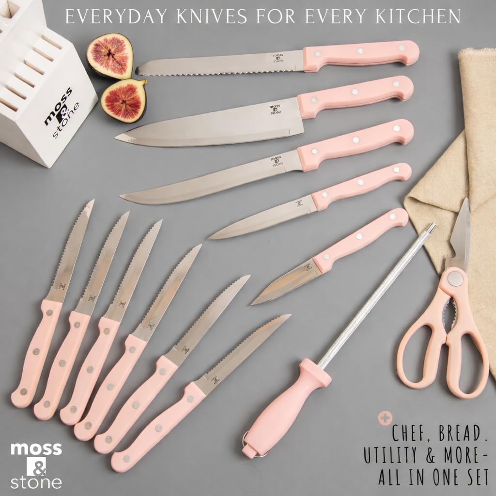 Pink 14 Pcs Kitchen Knife Set with Block, Stainless Steel
