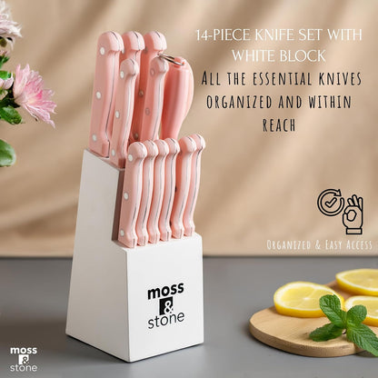 Pink 14 Pcs Kitchen Knife Set with Block, Stainless Steel