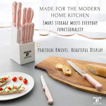 Pink 14 Pcs Kitchen Knife Set with Block, Stainless Steel