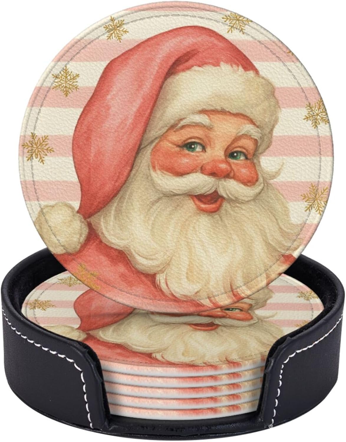 Pink Christmas Santa Claus Striped Coasters for Drinks, Drink Coaster with Holder Set of 6 Round Leather Cup Table Mats for Tabletop Protection Coffee Bar Decor