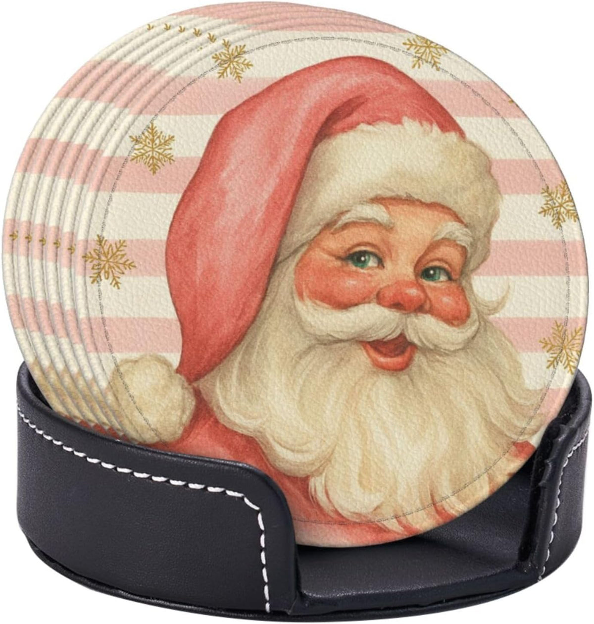Pink Christmas Santa Claus Striped Coasters for Drinks, Drink Coaster with Holder Set of 6 Round Leather Cup Table Mats for Tabletop Protection Coffee Bar Decor