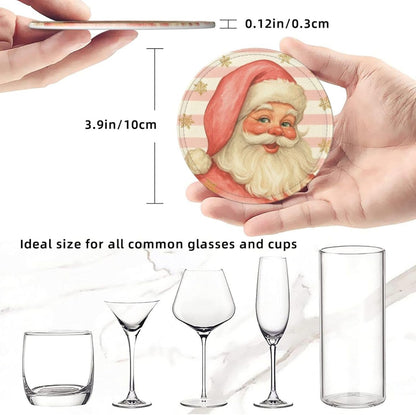 Pink Christmas Santa Claus Striped Coasters for Drinks, Drink Coaster with Holder Set of 6 Round Leather Cup Table Mats for Tabletop Protection Coffee Bar Decor