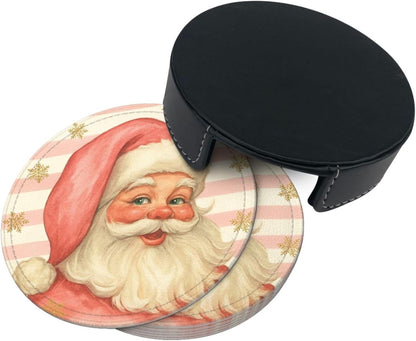 Pink Christmas Santa Claus Striped Coasters for Drinks, Drink Coaster with Holder Set of 6 Round Leather Cup Table Mats for Tabletop Protection Coffee Bar Decor