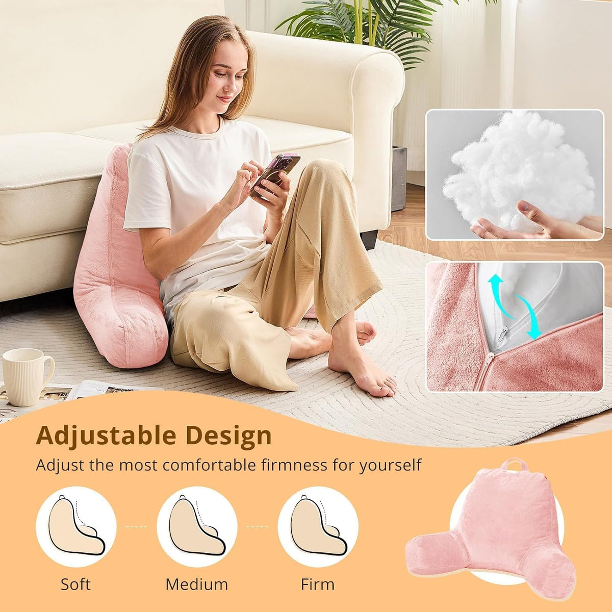 Reading Pillow for Bed, Back Pillow for Sitting Up, Peach Pink