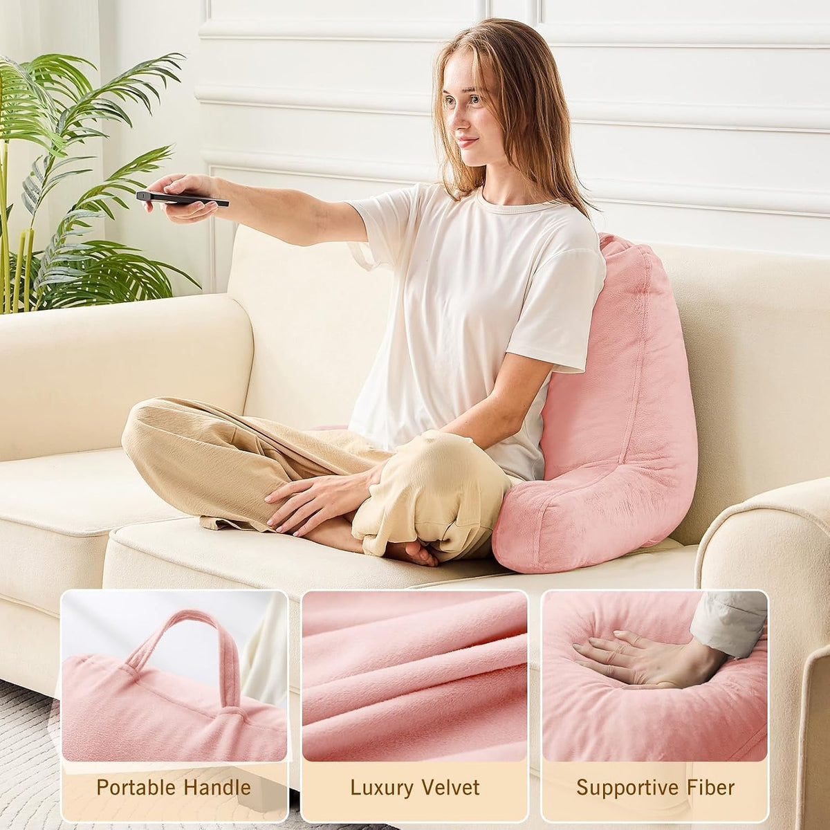 Reading Pillow for Bed, Back Pillow for Sitting Up, Peach Pink