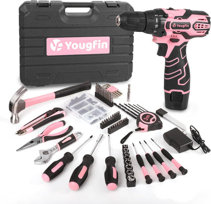 Pink Cordless Drill Driver Set 12V with Charger and 195PCS Tool Kit