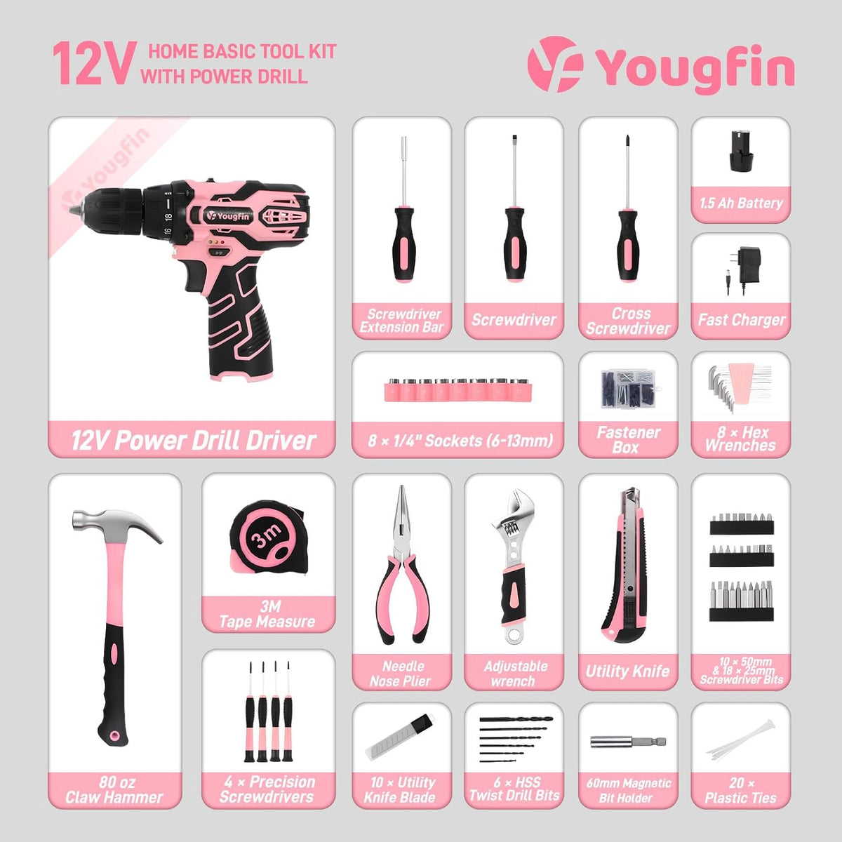 Pink Cordless Drill Driver Set 12V with Charger and 195PCS Tool Kit