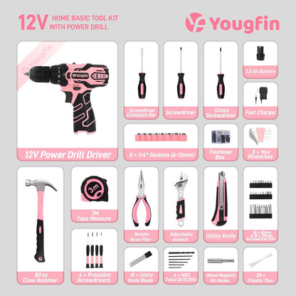 Pink Cordless Drill Driver Set 12V with Charger and 195PCS Tool Kit