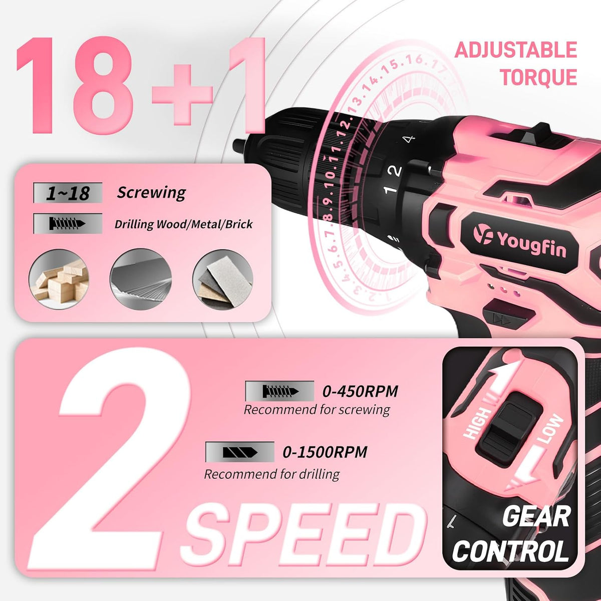 Pink Cordless Drill Driver Set 12V with Charger and 195PCS Tool Kit