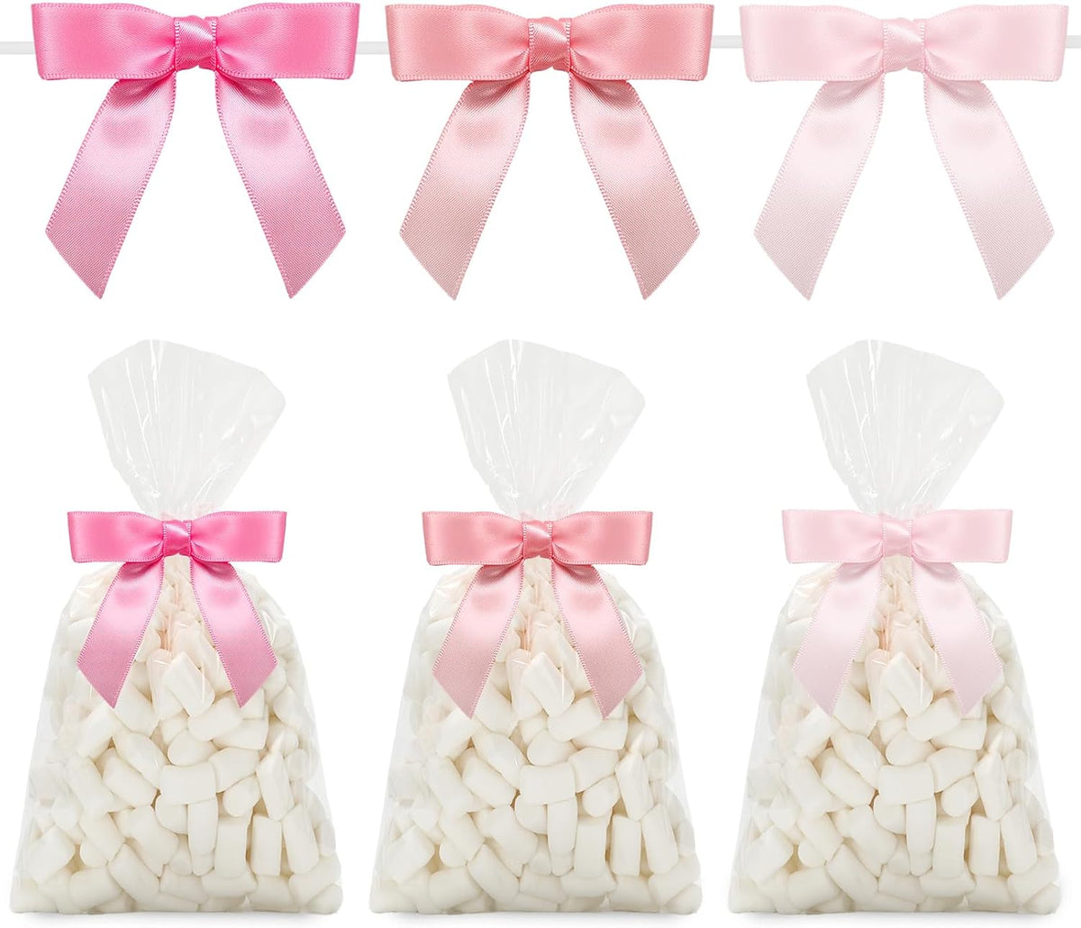50Pcs Clear Cellophane Bags with Satin Pink Bow Twist Ties Coquette Plastic Treat Candy Goodie Bags for Wedding Home Party Sweet Snack Cookie Packing