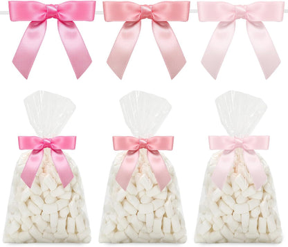 50Pcs Clear Cellophane Bags with Satin Pink Bow Twist Ties Coquette Plastic Treat Candy Goodie Bags for Wedding Home Party Sweet Snack Cookie Packing