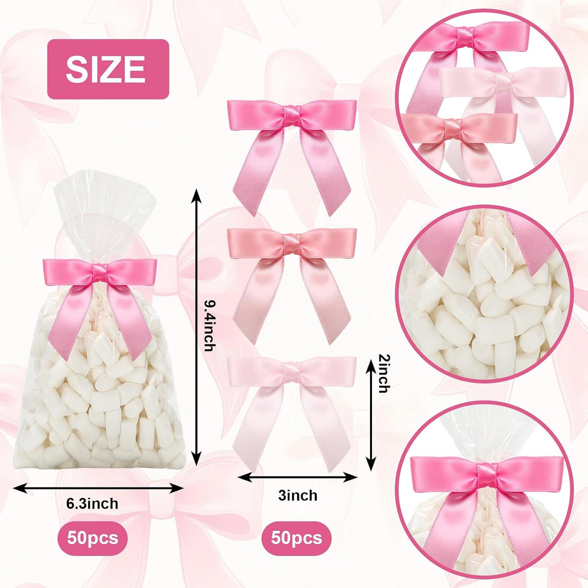50Pcs Clear Cellophane Bags with Satin Pink Bow Twist Ties Coquette Plastic Treat Candy Goodie Bags for Wedding Home Party Sweet Snack Cookie Packing