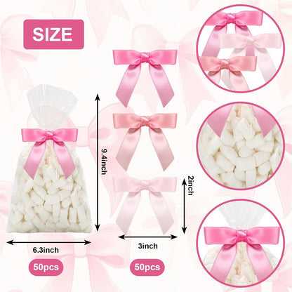 50Pcs Clear Cellophane Bags with Satin Pink Bow Twist Ties Coquette Plastic Treat Candy Goodie Bags for Wedding Home Party Sweet Snack Cookie Packing