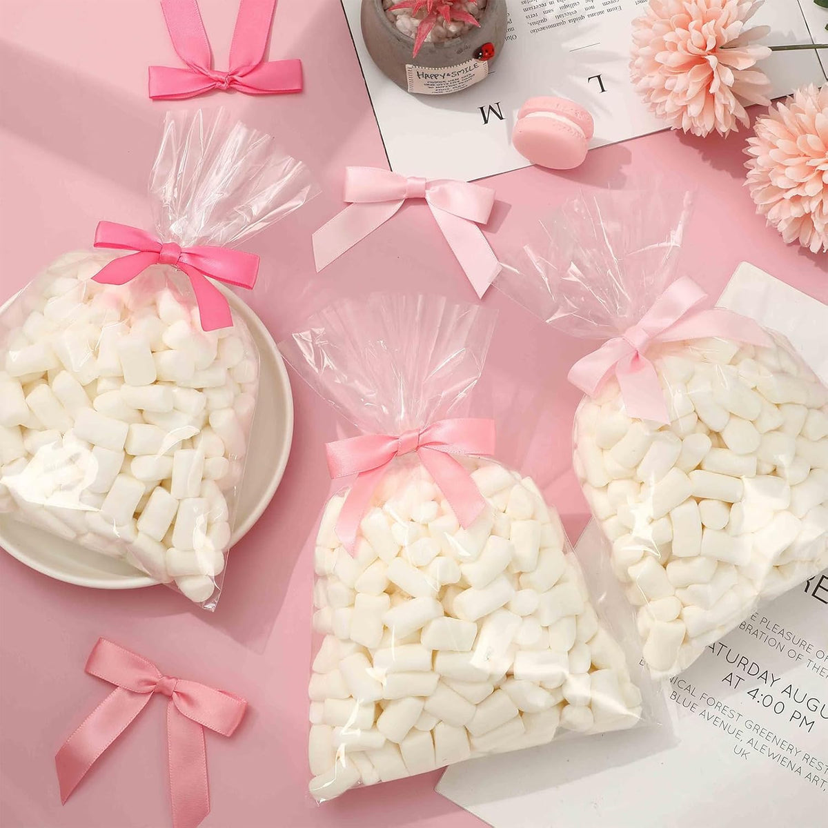 50Pcs Clear Cellophane Bags with Satin Pink Bow Twist Ties Coquette Plastic Treat Candy Goodie Bags for Wedding Home Party Sweet Snack Cookie Packing