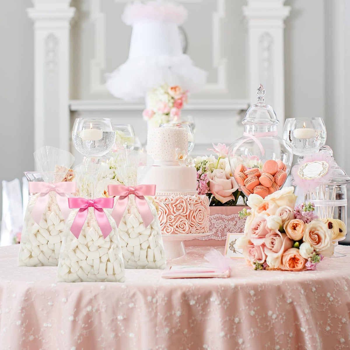 50Pcs Clear Cellophane Bags with Satin Pink Bow Twist Ties Coquette Plastic Treat Candy Goodie Bags for Wedding Home Party Sweet Snack Cookie Packing