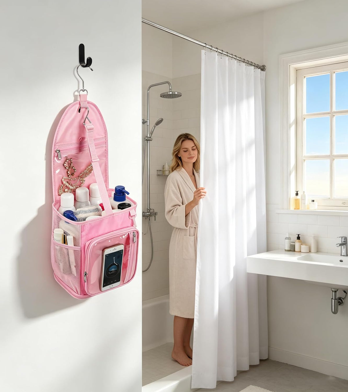 Shower Caddy Portable Mesh Shower Bag for College Dorm Room Essentials Pink
