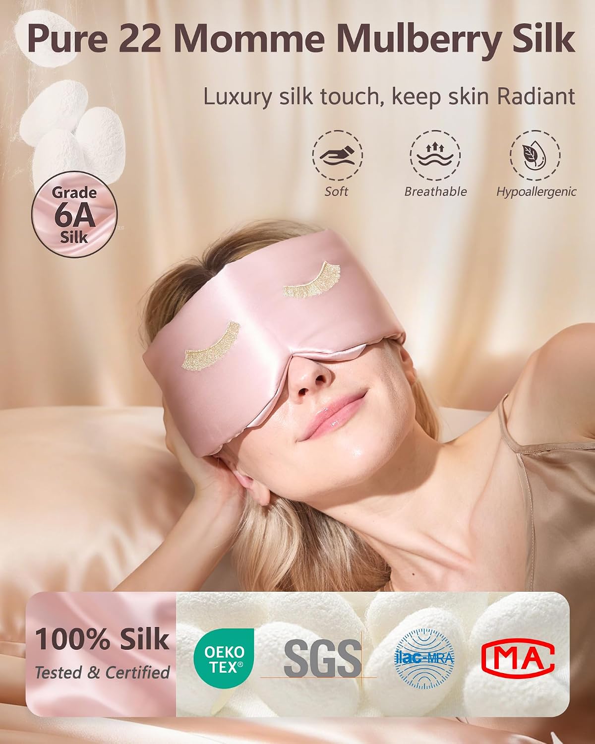 Luxury Pure 100% Silk Sleep Mask for Women, 3D Countourd Eye Mask