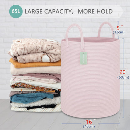 Large Cotton Rope Laundry Hamper for Girls Kids 65L, Light Pink