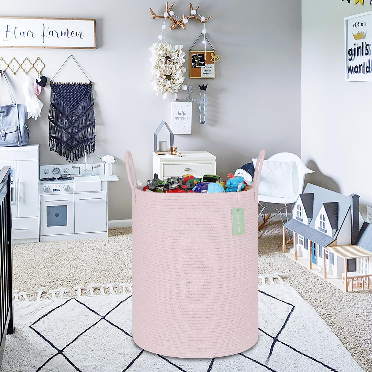 Large Cotton Rope Laundry Hamper for Girls Kids 65L, Light Pink