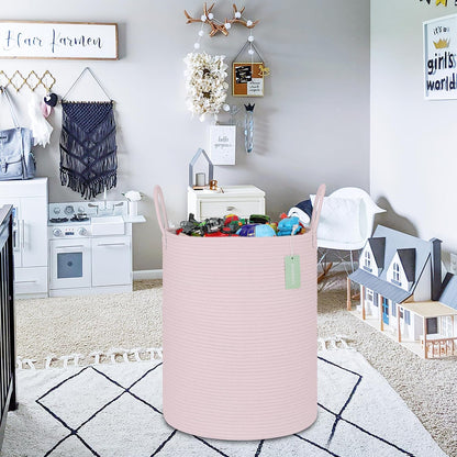Large Cotton Rope Laundry Hamper for Girls Kids 65L, Light Pink