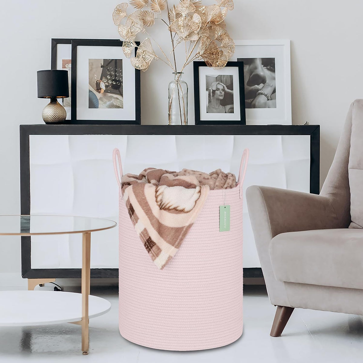 Large Cotton Rope Laundry Hamper for Girls Kids 65L, Light Pink