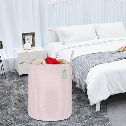 Large Cotton Rope Laundry Hamper for Girls Kids 65L, Light Pink
