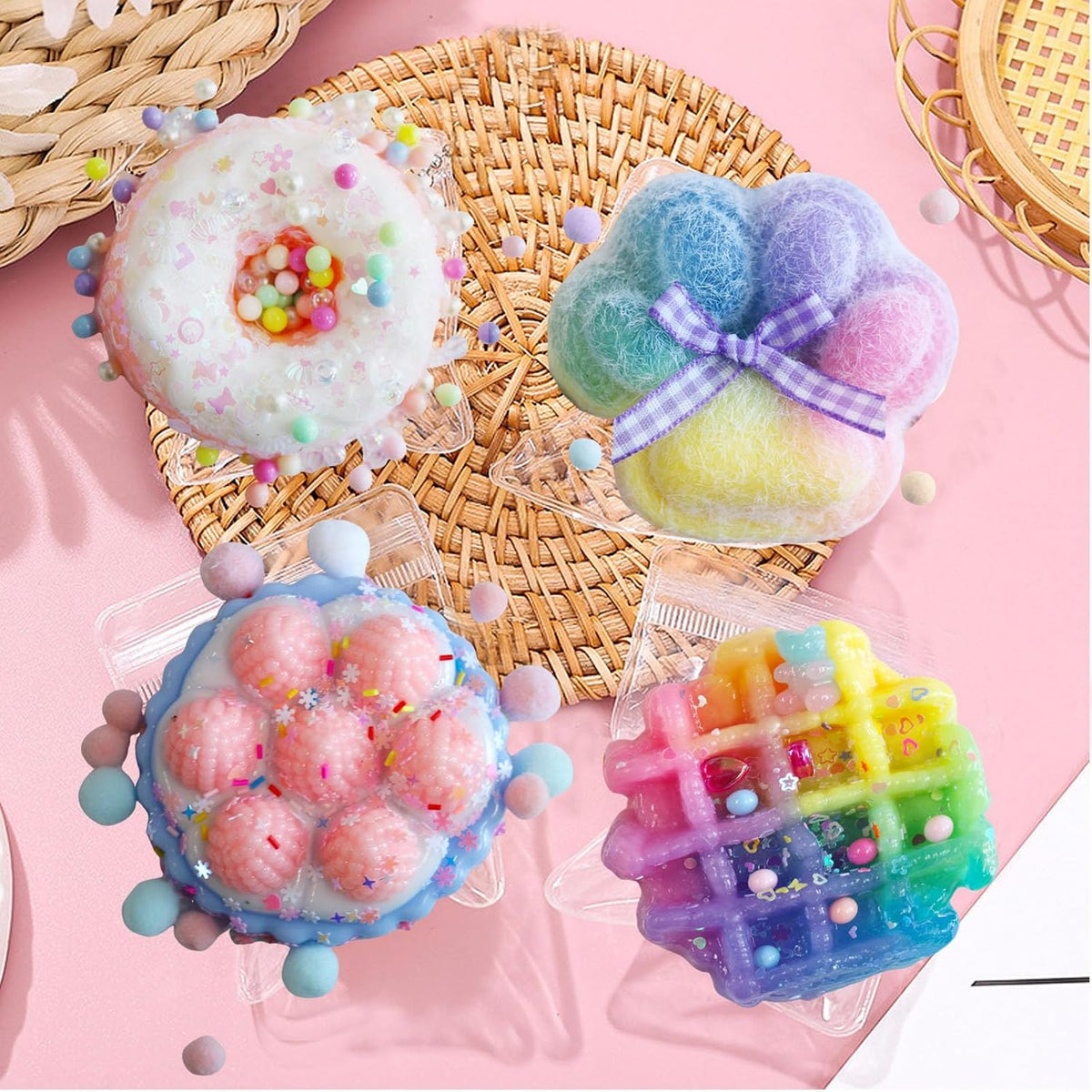 4 Pack Cake Soft Squishy - Squishies, Squeeze, Perfect for Stress Relief - Sensory, Fidget Play Food Squishy Toys for Adults - Waffle, Donuts, Tart, Cat Paw