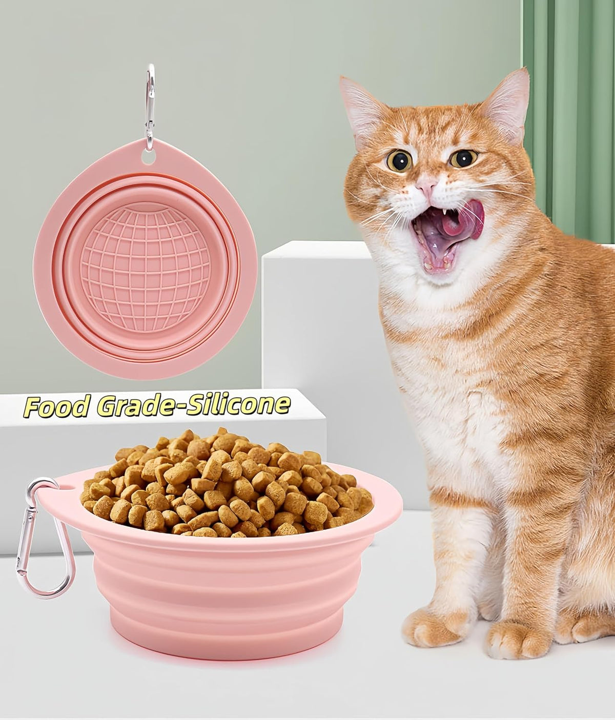 Portable Collapsible Pet Bowl - Food Grade TPR/Silicone, Foldable Dog Cat Travel Bowl with Carabiner for Hiking Camping, Easy Clean & Lightweight (Pink)