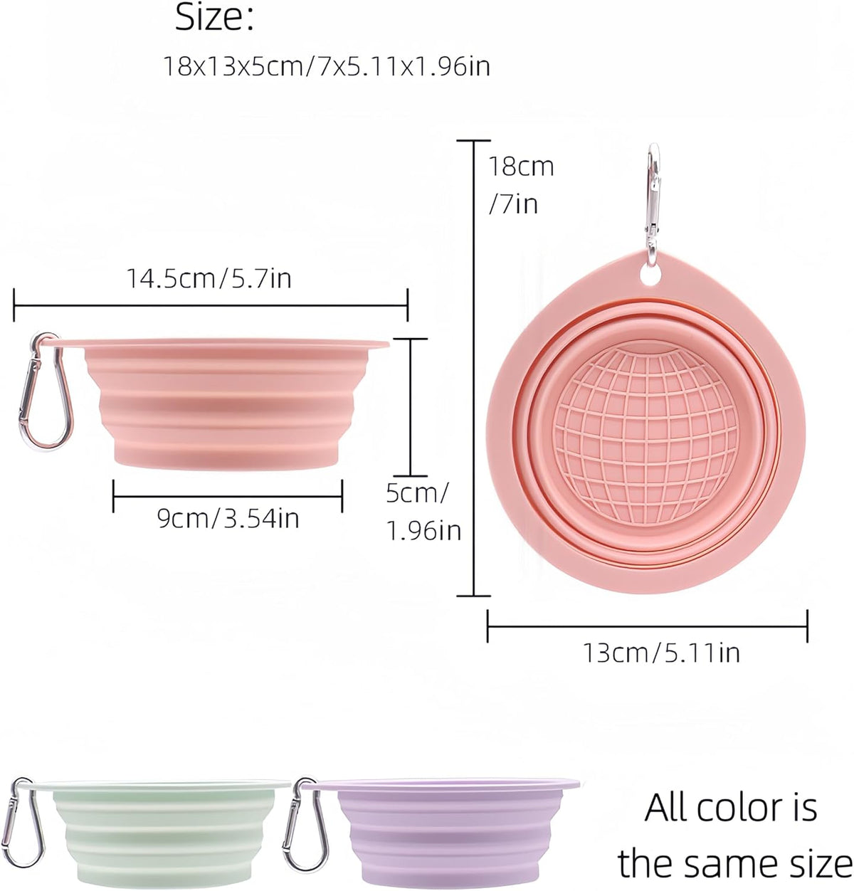 Portable Collapsible Pet Bowl - Food Grade TPR/Silicone, Foldable Dog Cat Travel Bowl with Carabiner for Hiking Camping, Easy Clean & Lightweight (Pink)