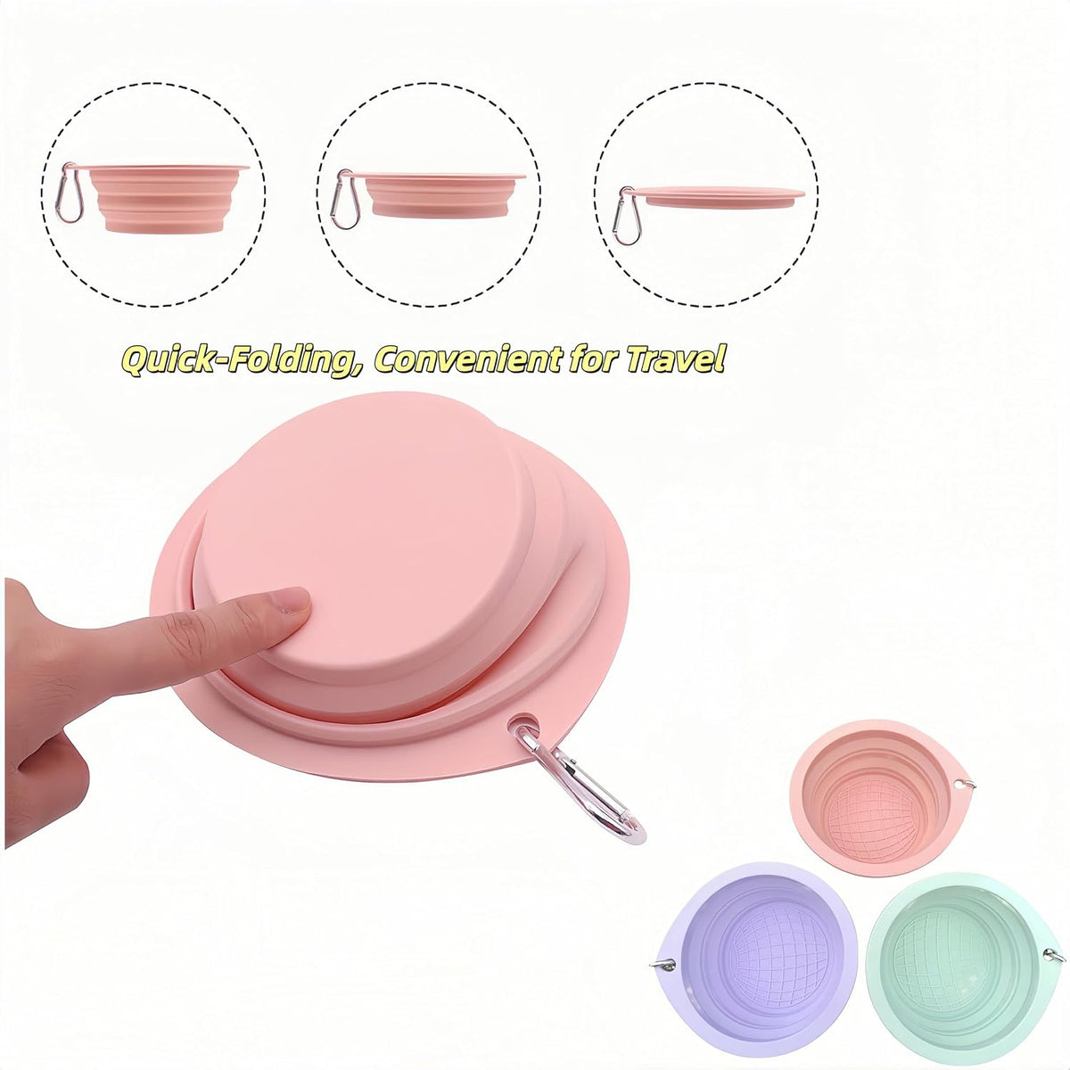 Portable Collapsible Pet Bowl - Food Grade TPR/Silicone, Foldable Dog Cat Travel Bowl with Carabiner for Hiking Camping, Easy Clean & Lightweight (Pink)
