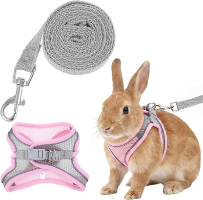 Adjustable Rabbit Harness and Leash Set, Escape Proof Breathable Mesh Rabbit Vest, Small Pet Harness and Leash for Rabbit Kitten Ferret Puppy, Pink Gray Walking Accessories