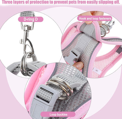 Adjustable Rabbit Harness and Leash Set, Escape Proof Breathable Mesh Rabbit Vest, Small Pet Harness and Leash for Rabbit Kitten Ferret Puppy, Pink Gray Walking Accessories