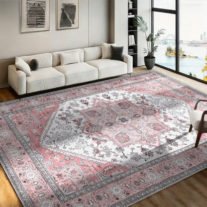 Retro Distressed Area Rug 4x5, Light Pink Cream Vintage Medallion, Washable Non-Slip Soft Low Pile Carpet for Living Room Bedroom Dining Room Home Office Indoor