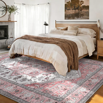 Retro Distressed Area Rug 4x5, Light Pink Cream Vintage Medallion, Washable Non-Slip Soft Low Pile Carpet for Living Room Bedroom Dining Room Home Office Indoor