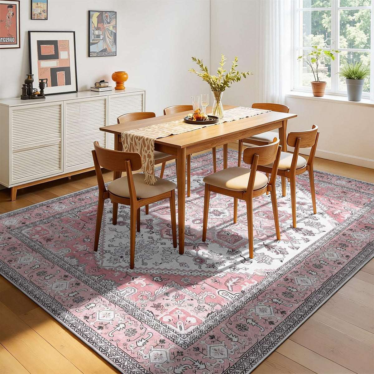 Retro Distressed Area Rug 4x5, Light Pink Cream Vintage Medallion, Washable Non-Slip Soft Low Pile Carpet for Living Room Bedroom Dining Room Home Office Indoor