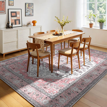 Retro Distressed Area Rug 4x5, Light Pink Cream Vintage Medallion, Washable Non-Slip Soft Low Pile Carpet for Living Room Bedroom Dining Room Home Office Indoor
