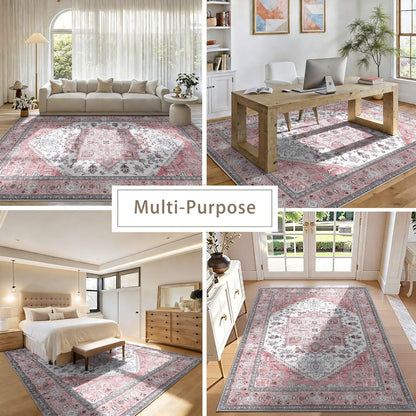 Retro Distressed Area Rug 4x5, Light Pink Cream Vintage Medallion, Washable Non-Slip Soft Low Pile Carpet for Living Room Bedroom Dining Room Home Office Indoor