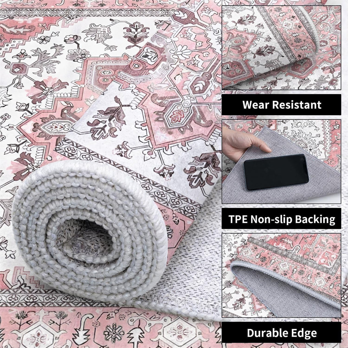 Retro Distressed Area Rug 4x5, Light Pink Cream Vintage Medallion, Washable Non-Slip Soft Low Pile Carpet for Living Room Bedroom Dining Room Home Office Indoor