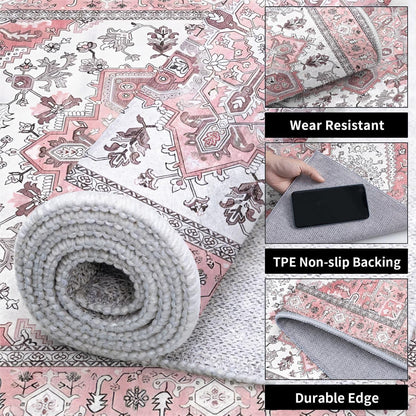 Retro Distressed Area Rug 4x5, Light Pink Cream Vintage Medallion, Washable Non-Slip Soft Low Pile Carpet for Living Room Bedroom Dining Room Home Office Indoor