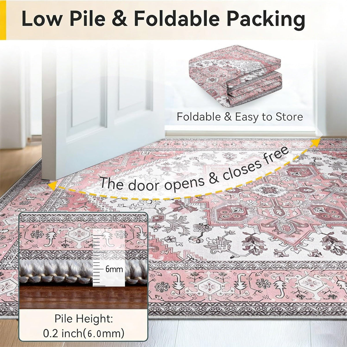 Retro Distressed Area Rug 4x5, Light Pink Cream Vintage Medallion, Washable Non-Slip Soft Low Pile Carpet for Living Room Bedroom Dining Room Home Office Indoor