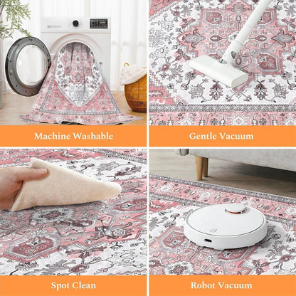 Retro Distressed Area Rug 4x5, Light Pink Cream Vintage Medallion, Washable Non-Slip Soft Low Pile Carpet for Living Room Bedroom Dining Room Home Office Indoor