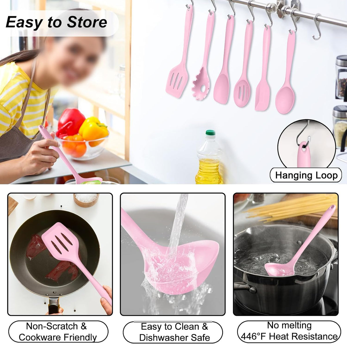 Silicone Cooking Utensil Set of 7, Kitchen Cooking Utensil Set