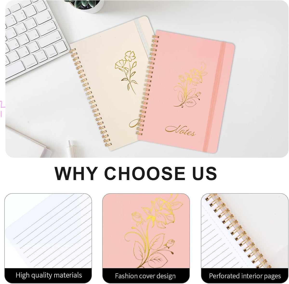 Aesthetic Spiral Notebook, 2PCS Cute Notebook, 8.3" x 6" Notebook For Women, A5 Spiral Journal Notebook for Office/School/Home (Pink & Beige)