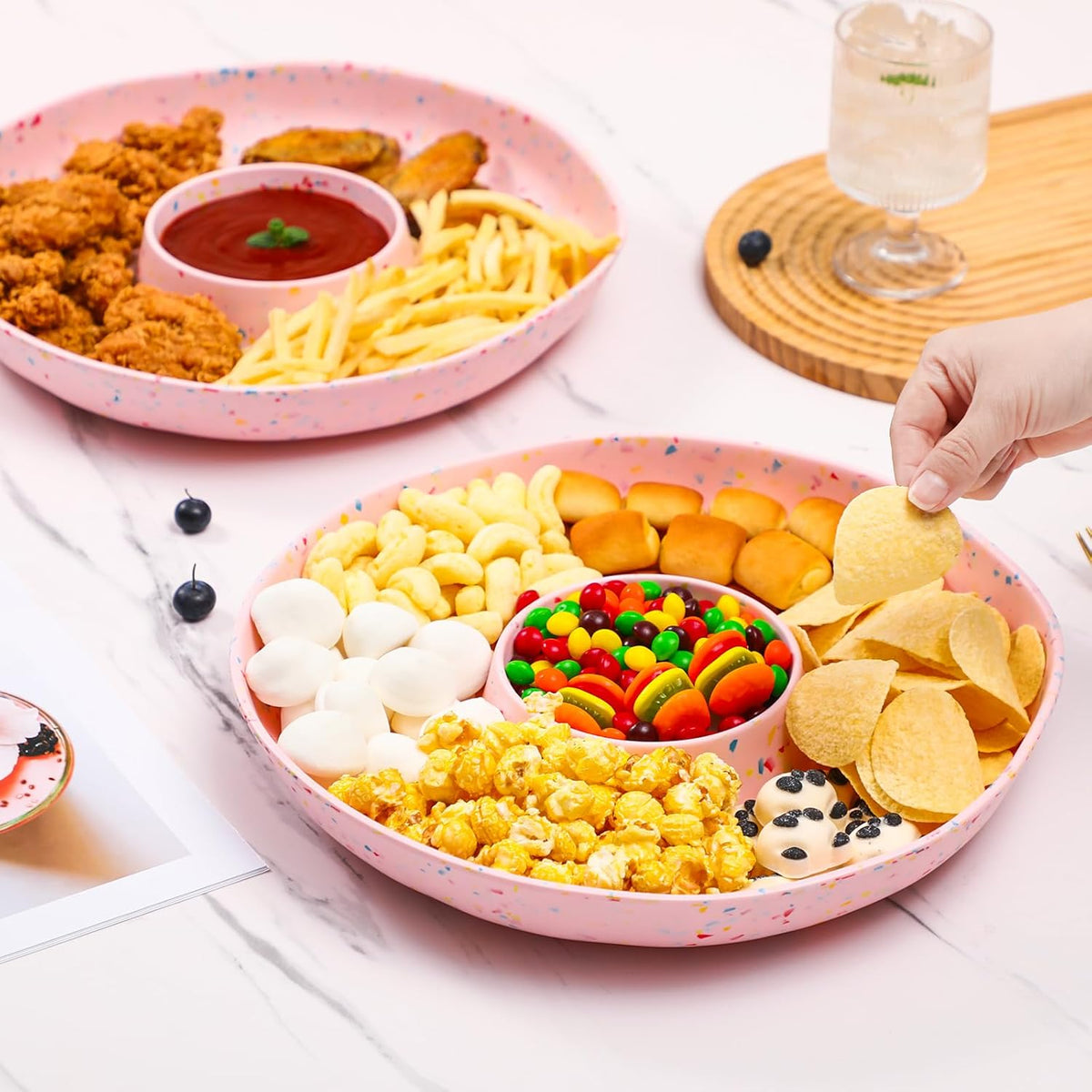 Chip and Dip Serving Set Divided Serving Platter Appetizers and Cheeses Serving Tray Pink Compartment Dishes for Party, Christmas, Dessert, Fruit, Candy, 13-inch Set of 2
