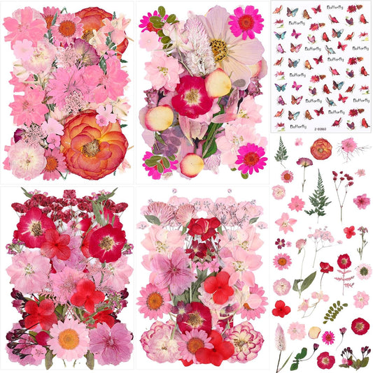 160 Pcs Pink Dried Pressed Flowers with Butterfly Sticker Set Pressing Floral Craft for Resin Spring Dried Pressed Flowers DIY Mold Jewelry Floral Decors Making Nail Art