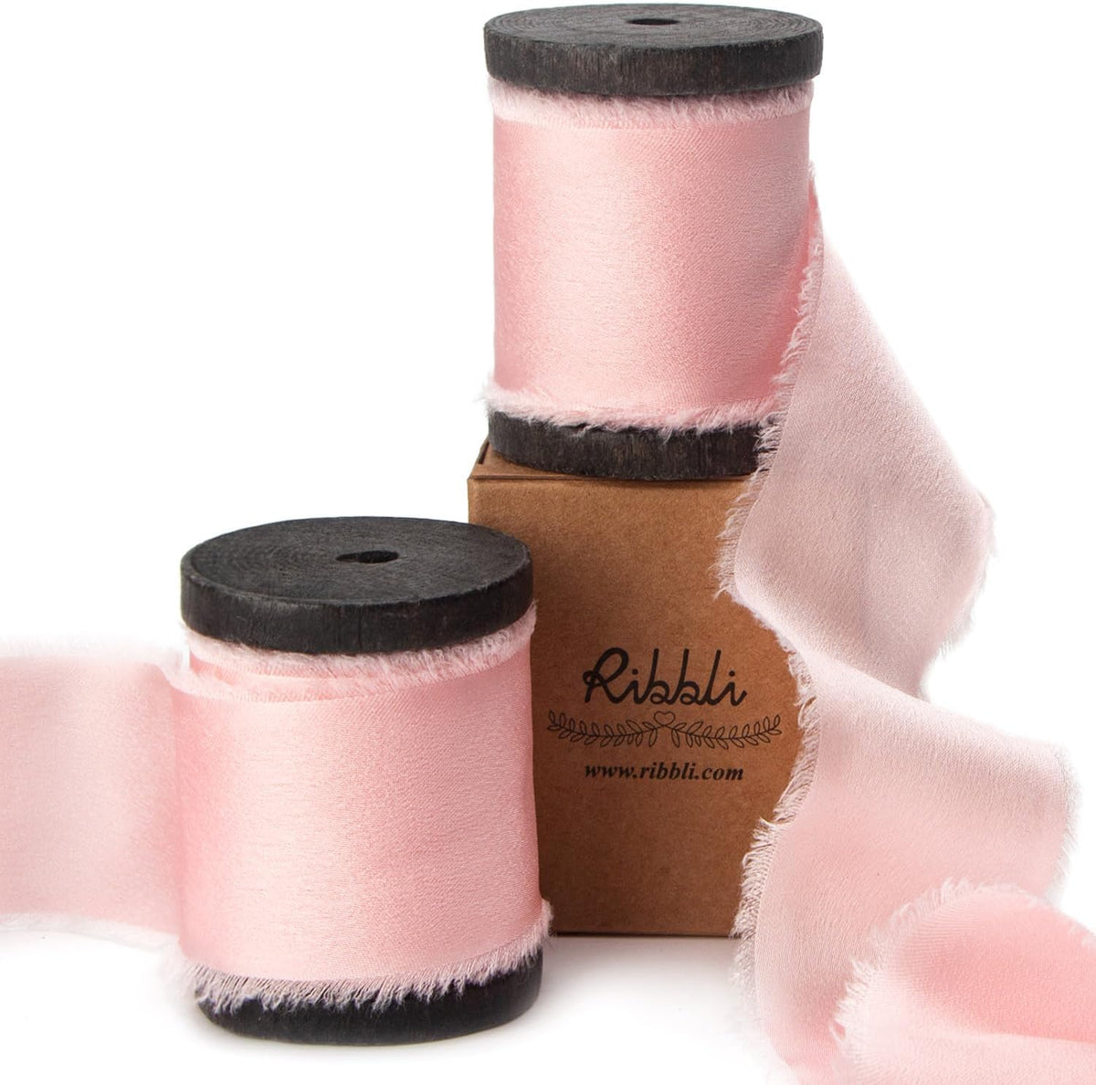 Light Pink Silk Satin Ribbon 1.5 Inch x 12 Yard Handmade Frayed Chiffon Ribbon with Wooden Spool for Gift Wrapping, Wedding Invitations, Bridal Bouquets, Home Decor