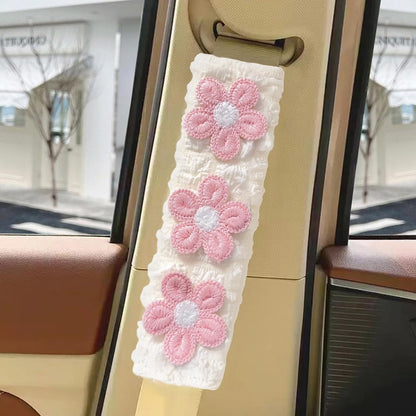 Cute Flower Car Seat Belt Shoulder Pad Cushions (2 in a Pack), Car Accessories Seat Belt Shoulder Strap Protector Universal Cover (White Pink)