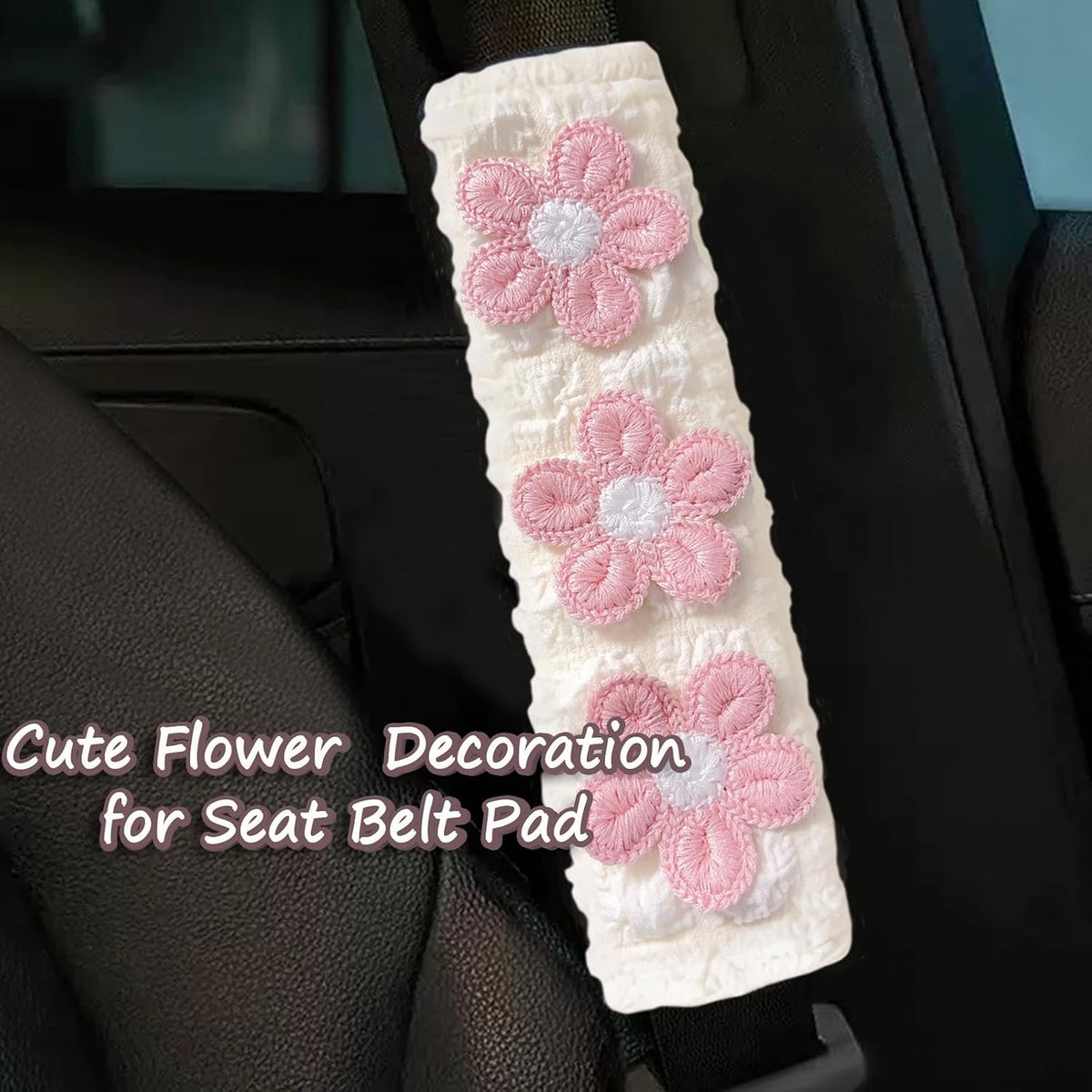 Cute Flower Car Seat Belt Shoulder Pad Cushions (2 in a Pack), Car Accessories Seat Belt Shoulder Strap Protector Universal Cover (White Pink)